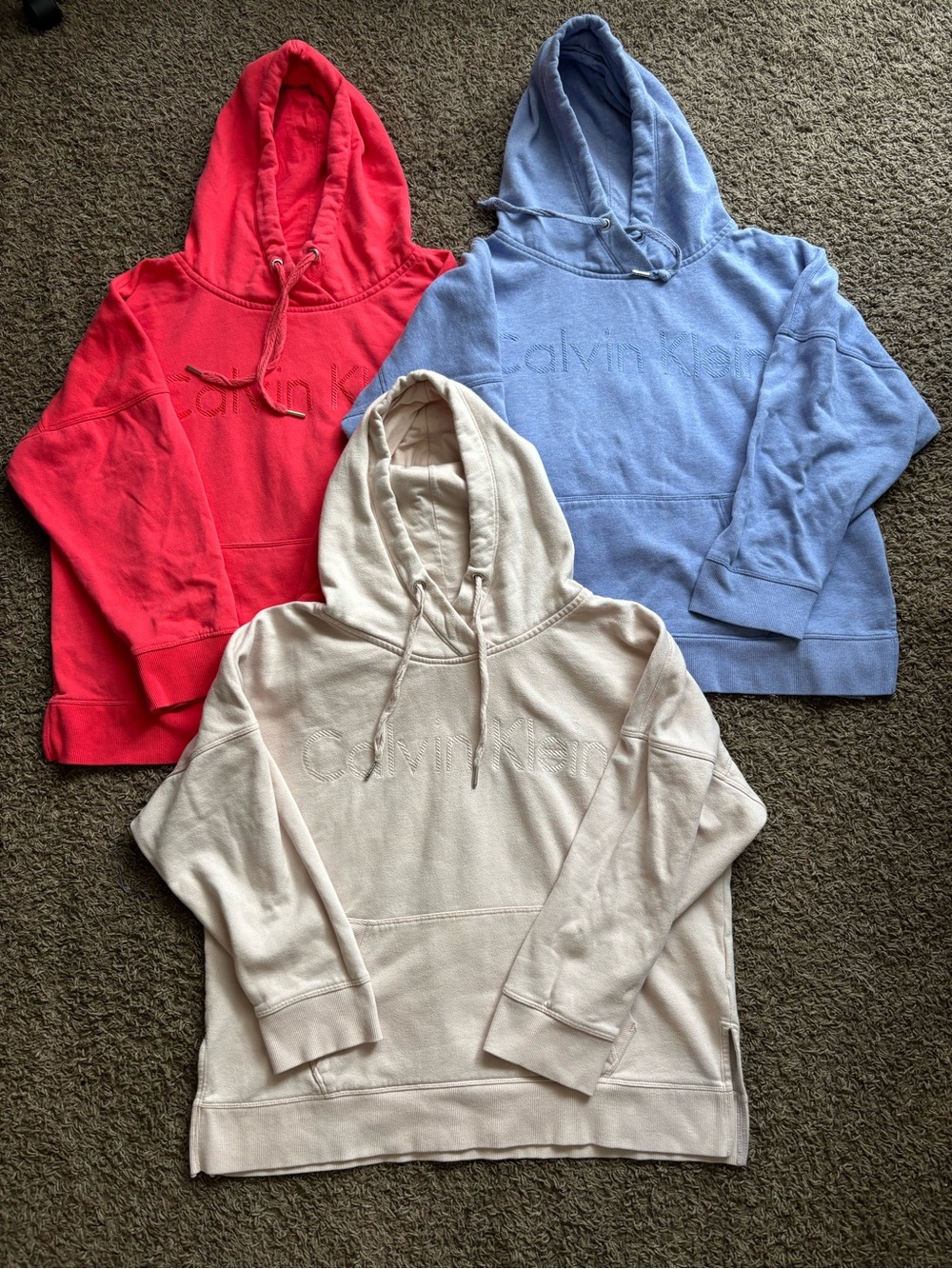 Lot of 3 Calvin Klein Women's Hooded Pullovers - Red, Light Blue, Cream